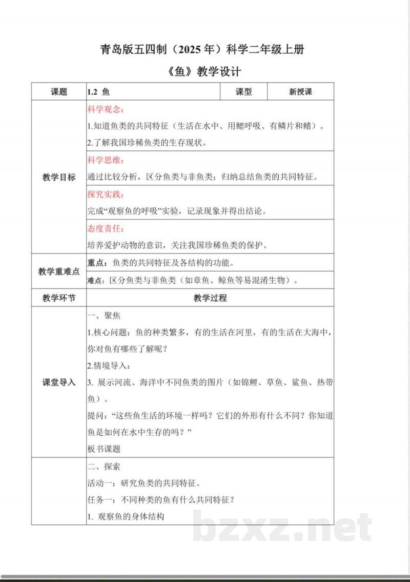 1.2 鱼（教学设计） 2025青岛版科学三年级上册