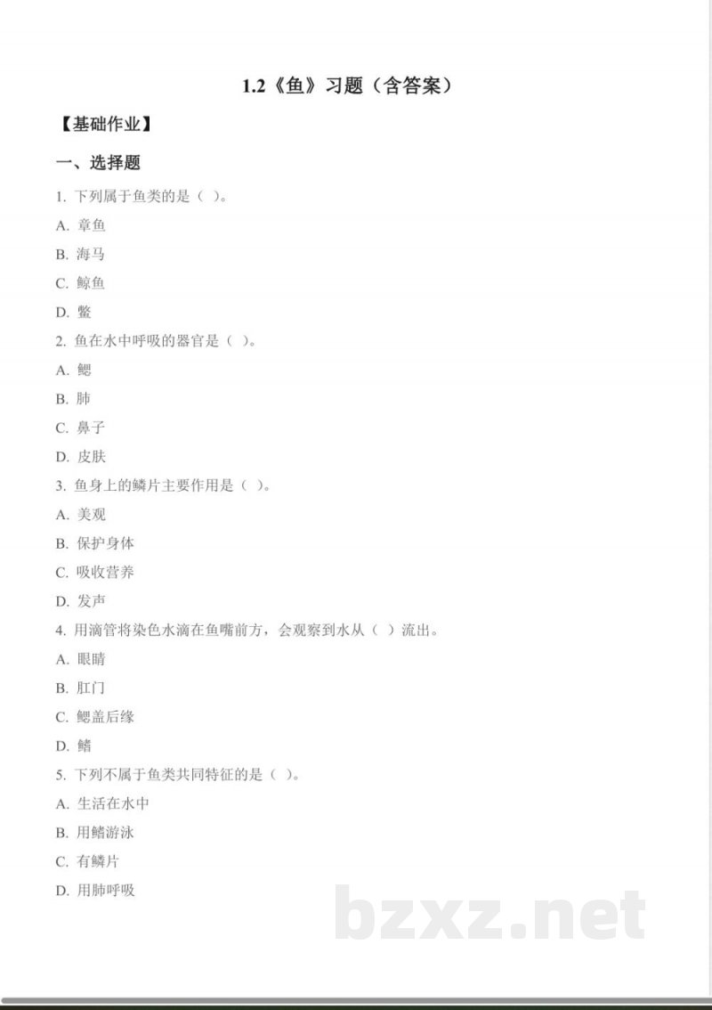 1.2 鱼(分层作业) 2025青岛版科学三年级上册 1.2 鱼(分层作业) 2025青岛版科学三年级上册