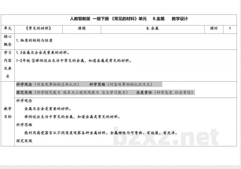 8.金属 教案 人教鄂教版科学一年级下册 8.金属 教案 人教鄂教版科学一年级下册