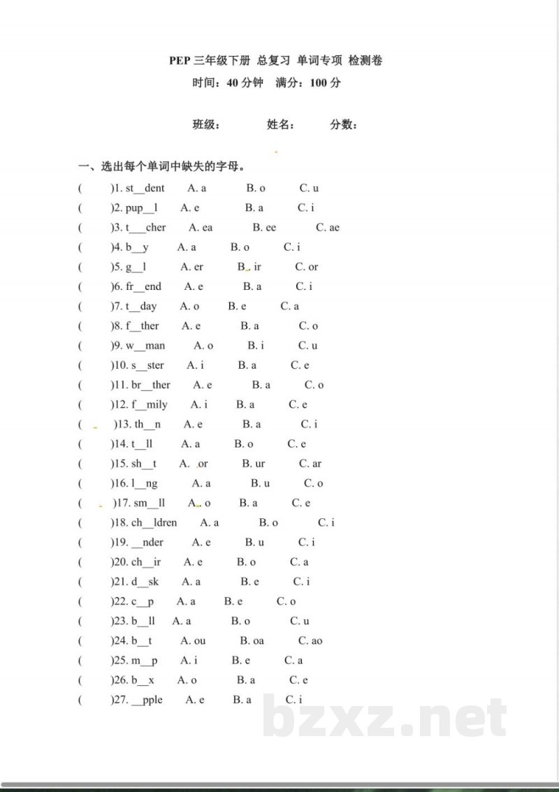 三年级下册英语期末专项卷词汇人教PEP版含答案