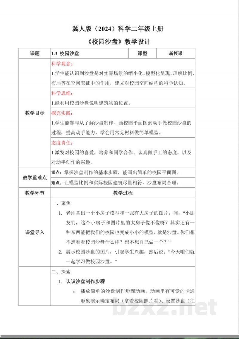 1.3 校园沙盘（教学设计）科学冀人版二年级上册2025