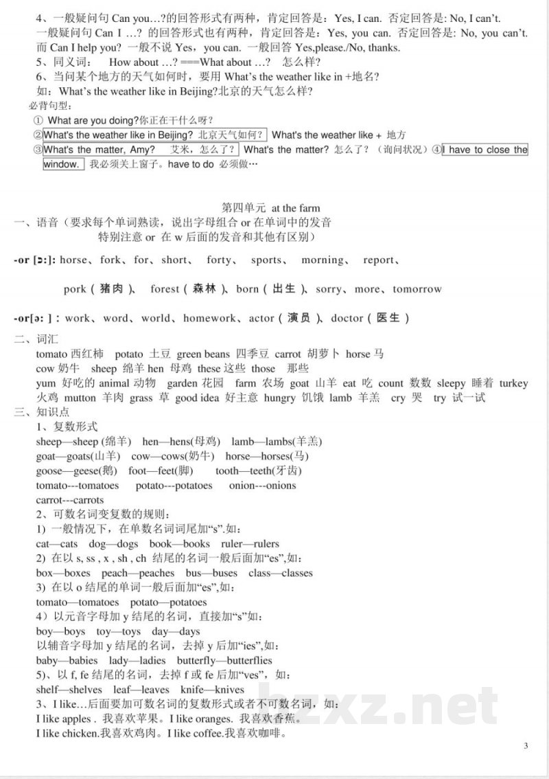 人教版四年级英语下册知识点总结(非常有用)