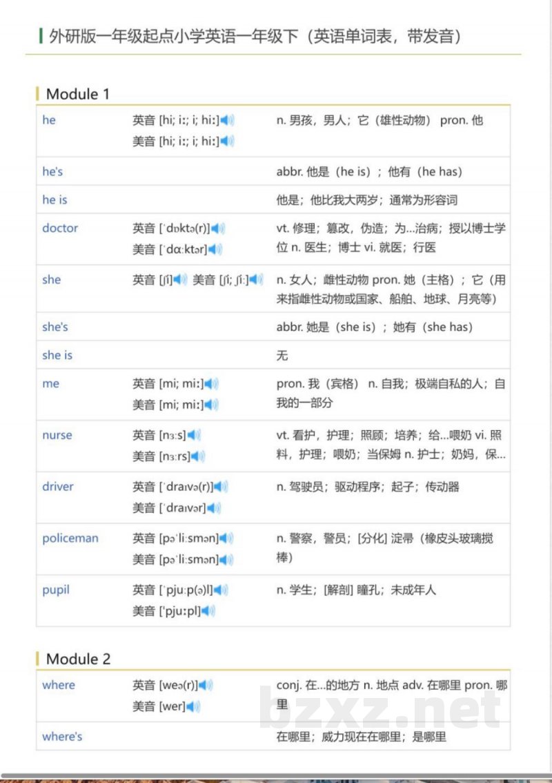 外研版一年级起点小学英语一年级下（英语单词表）