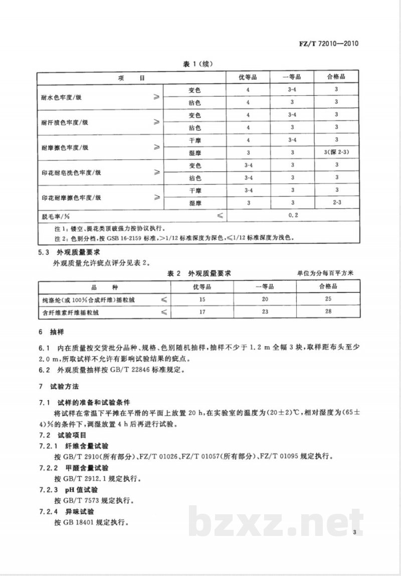 FZ/T 72010-2010针织摇粒绒面料 FZ/T 72010-2010针织摇粒绒面料