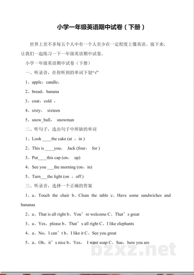 小学一年级英语期中试卷(下册)