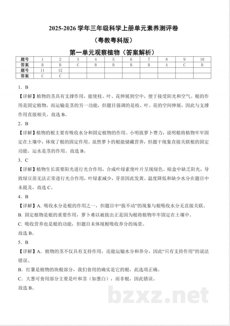 第一单元 观察植物(单元测试)科学粤教粤科版三年级上册 A4版 第一单元 观察植物(单元测试)科学粤教粤科版三年级上册 A4版