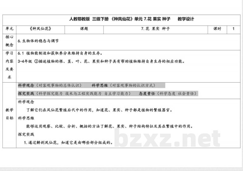 7.花果实种子 教案 人教鄂教版科学三年级下册