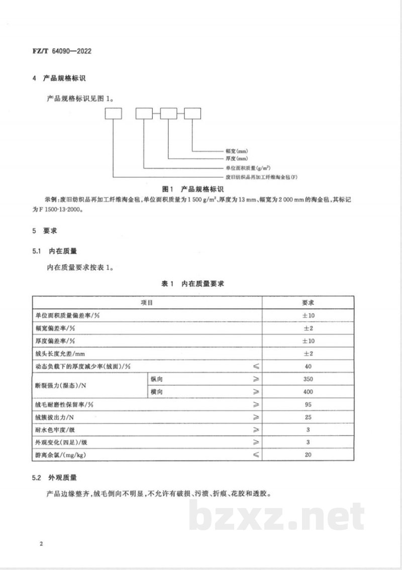 FZ/T 64090-2022废旧纺织品再加工纤维淘金毡 FZ/T 64090-2022废旧纺织品再加工纤维淘金毡