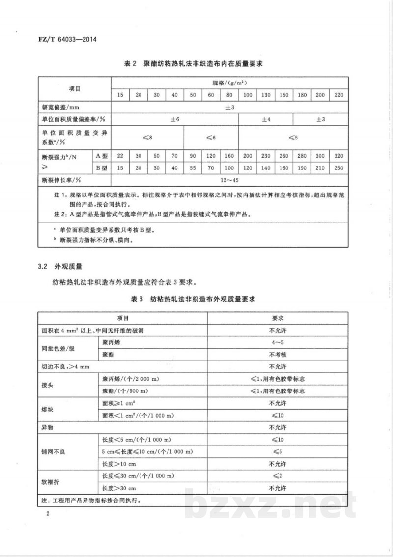 FZ/T 64033-2014纺粘热轧法非织造布 
