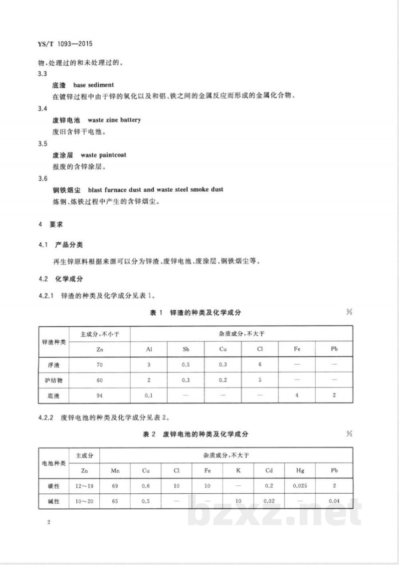 YS/T 1093-2015再生锌原料 