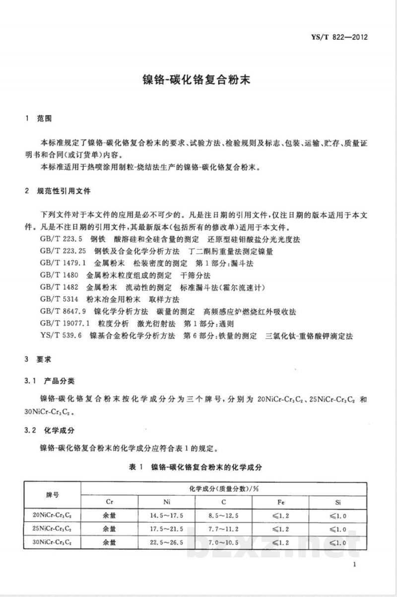 YS/T 822-2012镍铬-碳化铬复合粉末 