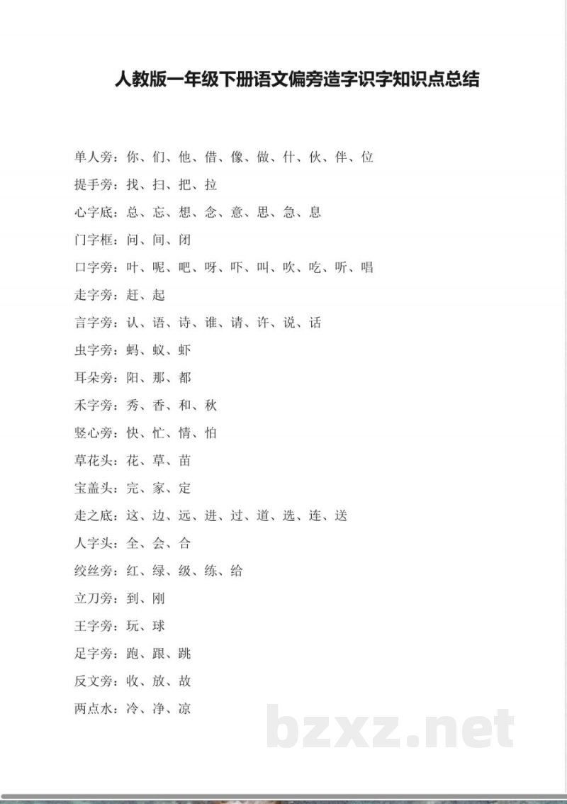 人教版一年级下册语文偏旁造字识字知识点总结