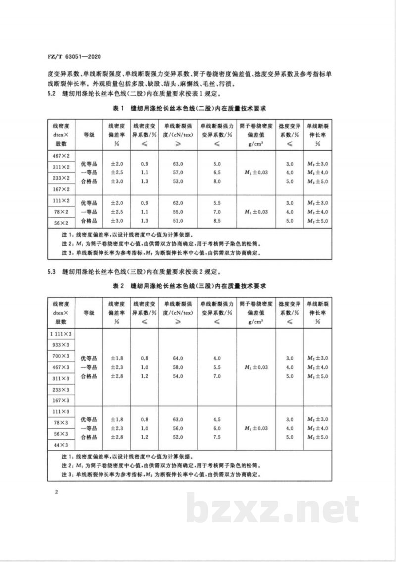 FZ/T 63051-2020缝纫用涤纶长丝本色线 