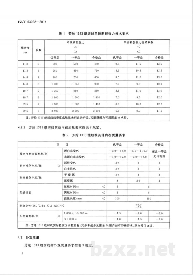 FZ/T 63022-2014芳纶1313缝纫线 