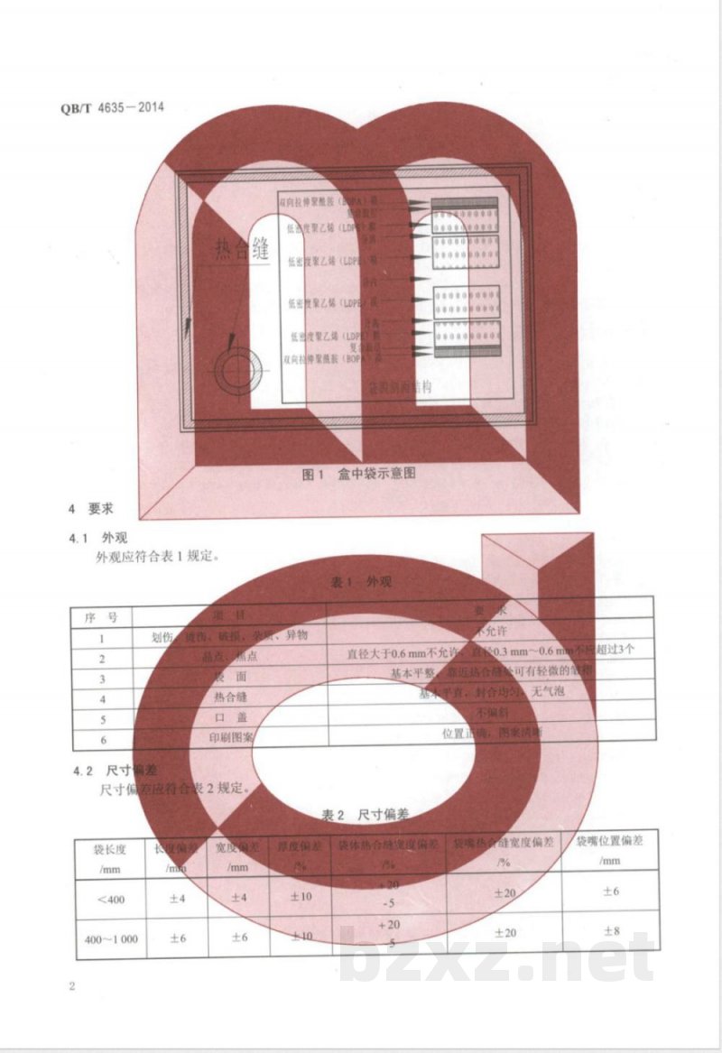 QB/T 4635-2014双向拉伸聚酰胺(BOPA)/低密度聚乙烯(PE-LD)复合膜盒中袋 QB/T 4635-2014双向拉伸聚酰胺(BOPA)/低密度聚乙烯(PE-LD)复合膜盒中袋