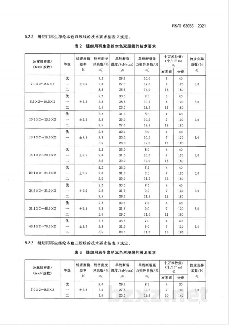 FZ/T 63056-2021缝纫用再生涤纶本色纱线 