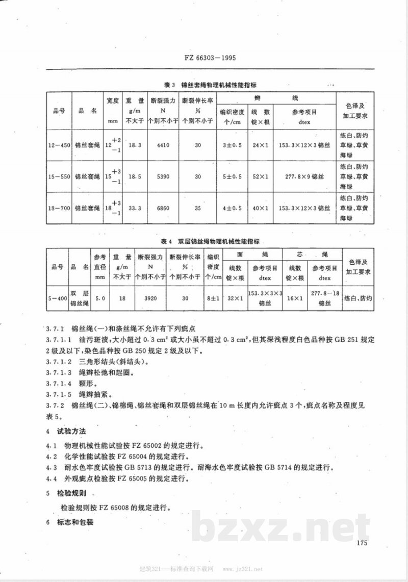 FZ/T 66303-1995特种工业用锦丝绳 涤丝绳 锦棉绳 锦丝套绳 双层锦丝绳 