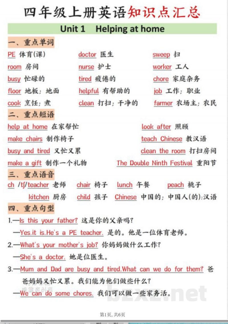 四年级（上）英语知识点汇总《PEP版》