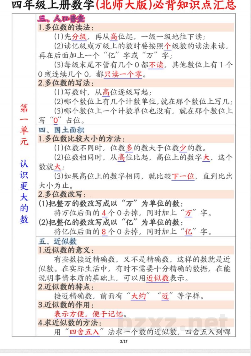 四年级上册数学北师版知识点汇总 四年级上册数学北师版知识点汇总