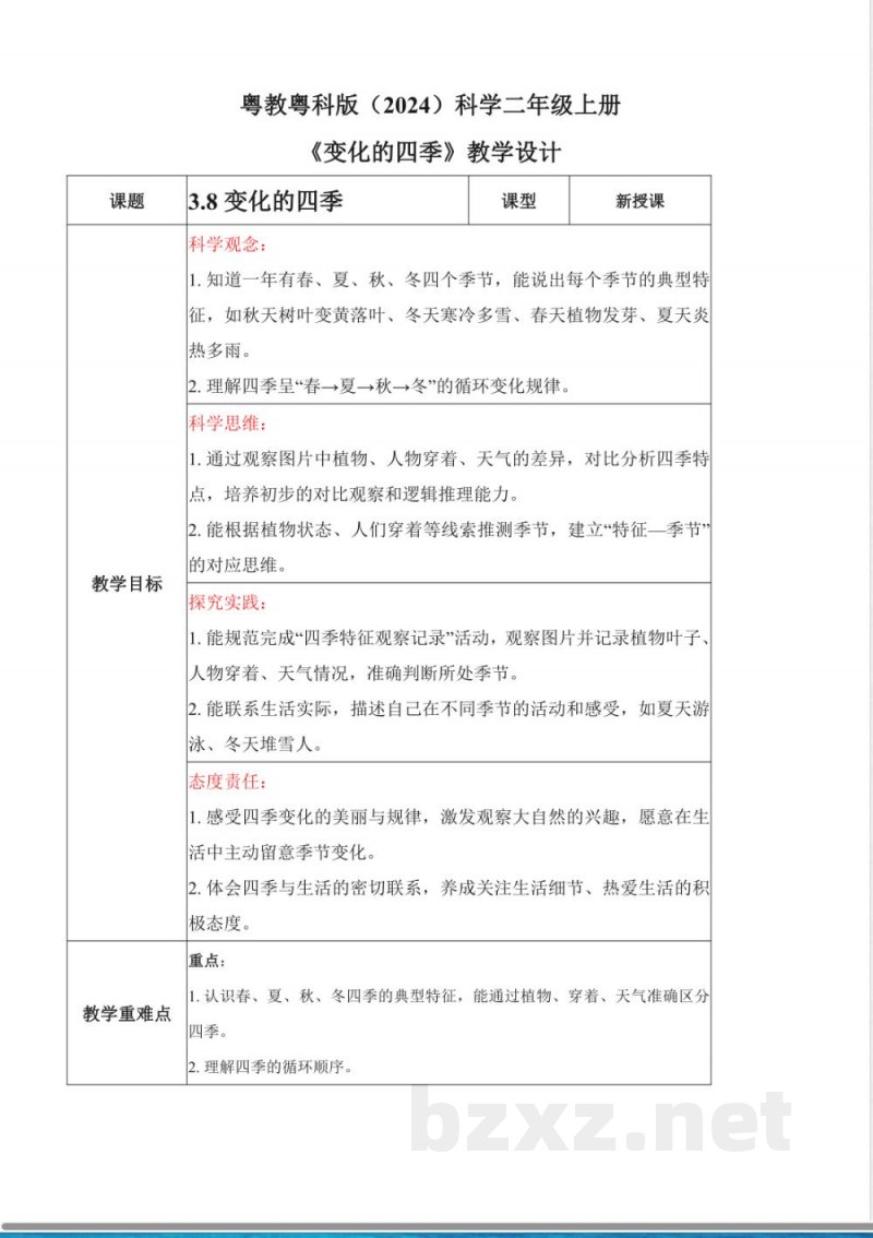 3.8 变化的四季(核心素养教学设计)科学粤教粤科版二年级上册2025 3.8 变化的四季(核心素养教学设计)科学粤教粤科版二年级上册2025