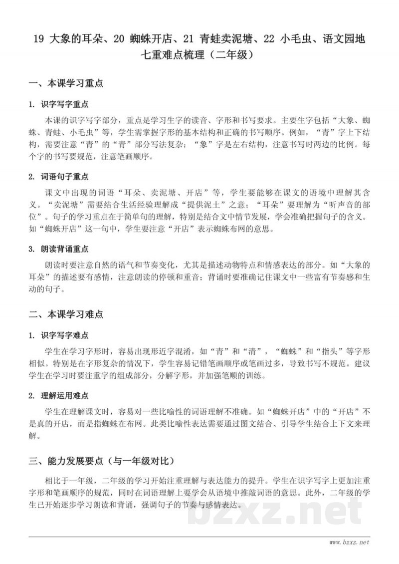 19 大象的耳朵、20 蜘蛛开店、21 青蛙卖泥塘、22 小毛虫、语文园地七重难点梳理(二年级下册统编版) 19 大象的耳朵、20 蜘蛛开店、21 青蛙卖泥塘、22 小毛虫、语文园地七重难点梳理(二年级下册统编版)