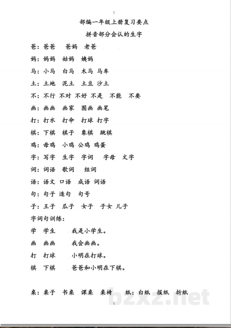 部编版一年级语文上册复习知识点汇总 部编版一年级语文上册复习知识点汇总