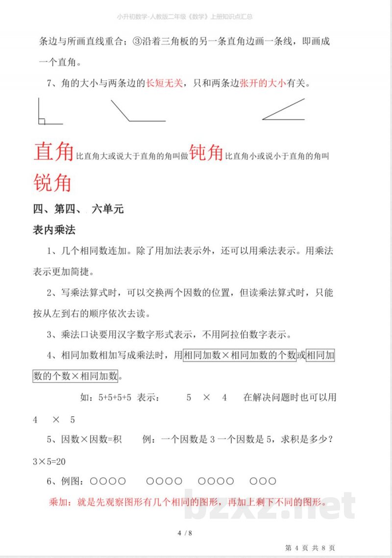 小升初数学-人教版二年级《数学》上册知识点汇总