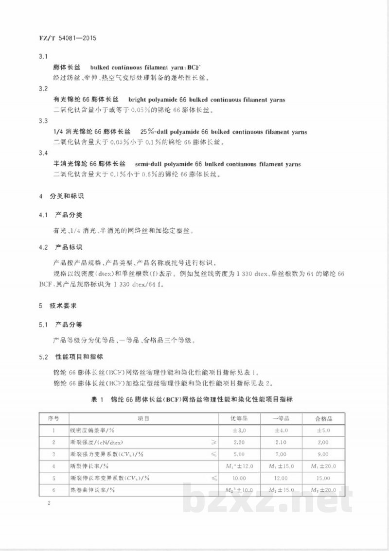 FZ/T 54081-2015锦纶66膨体长丝（BCF） 