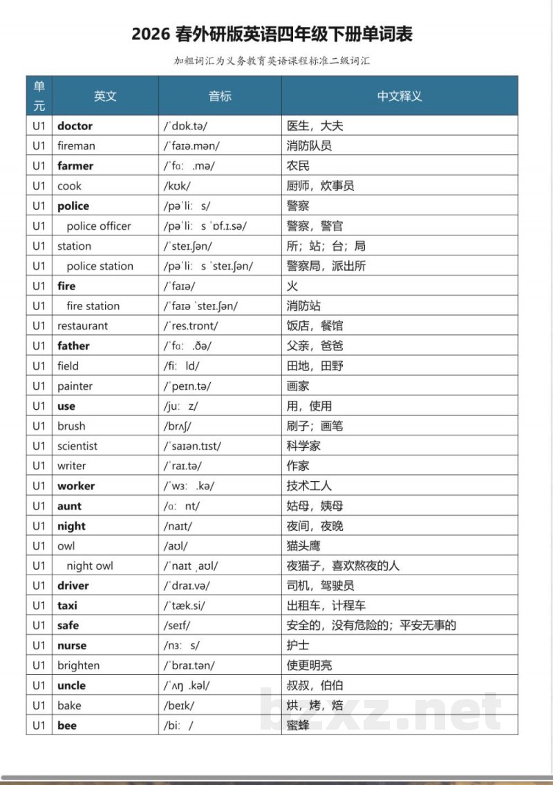 （2026年春新版）外研版四年级英语下册单词表