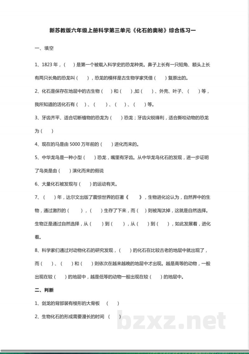 新苏教版六年级上册科学第三单元《化石的奥秘》综合练习一