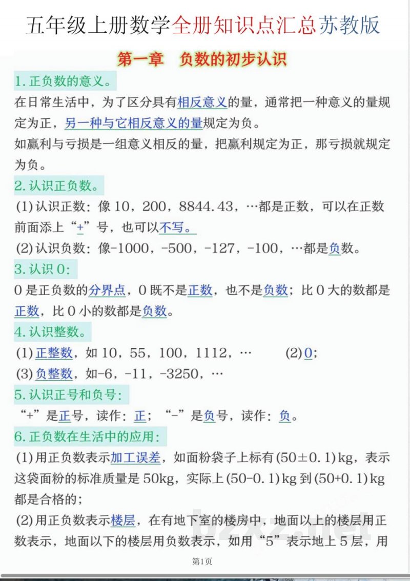 25五年级（上册）数学知识点汇总《苏教版》