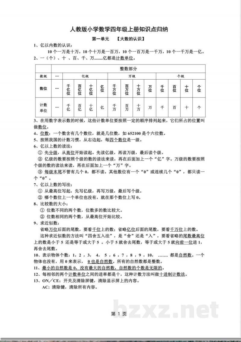 人教版四年级数学上册知识点归纳_