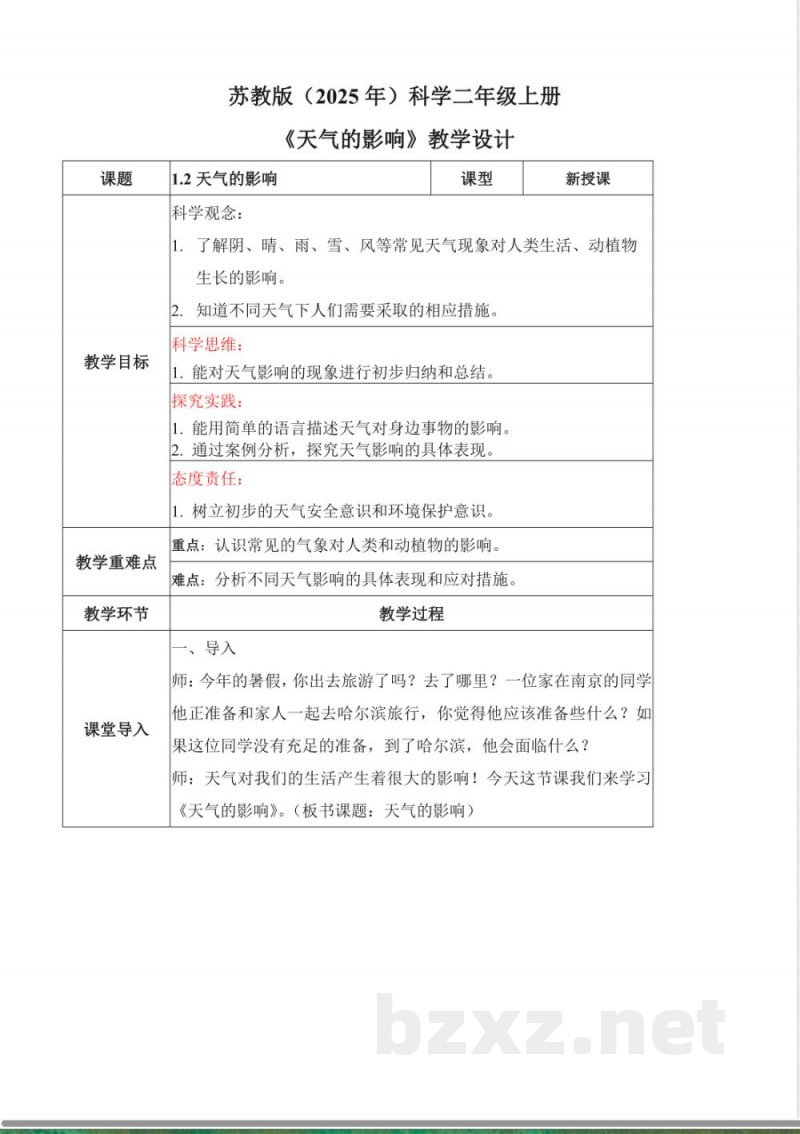 1.2 天气的影响(教学设计)(表格式)科学苏教版二年级上册2025 1.2 天气的影响(教学设计)(表格式)科学苏教版二年级上册2025