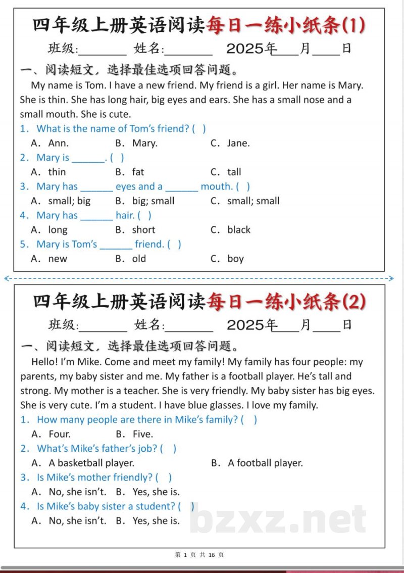 四年级上英语阅读练习 四年级上英语阅读练习