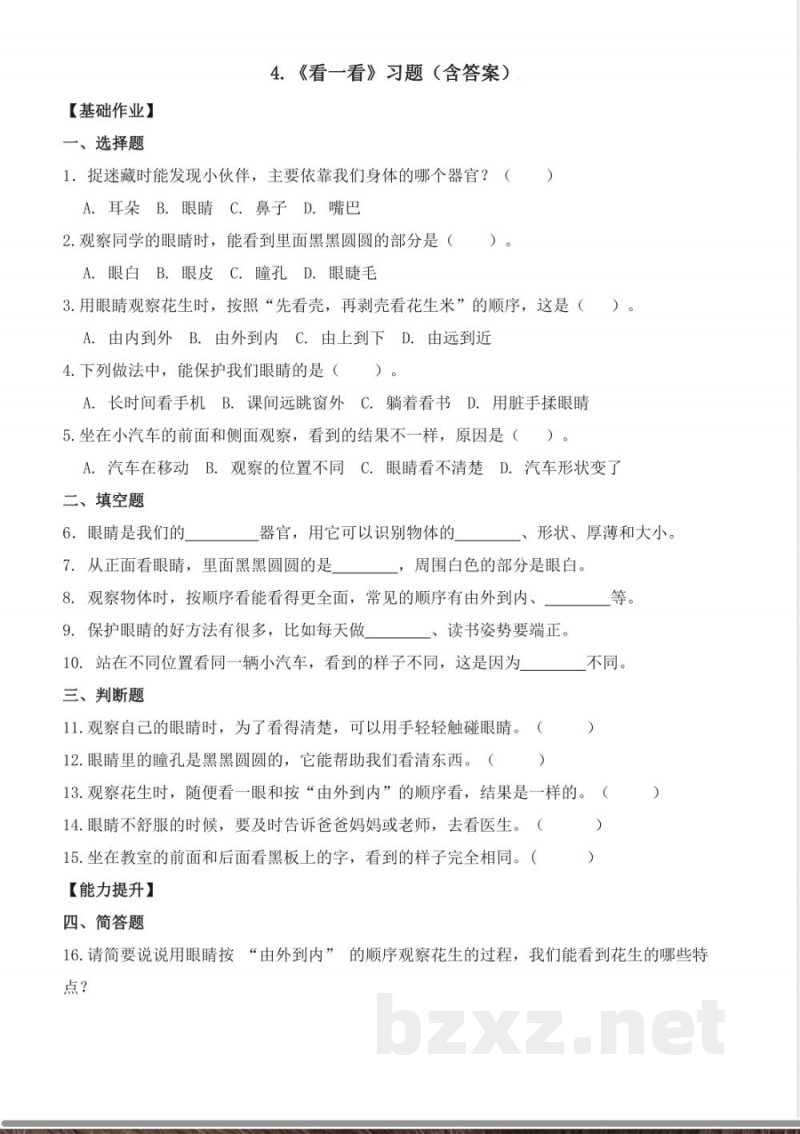 2.4《看一看》（分层作业） 2025青岛版科学一年级上册