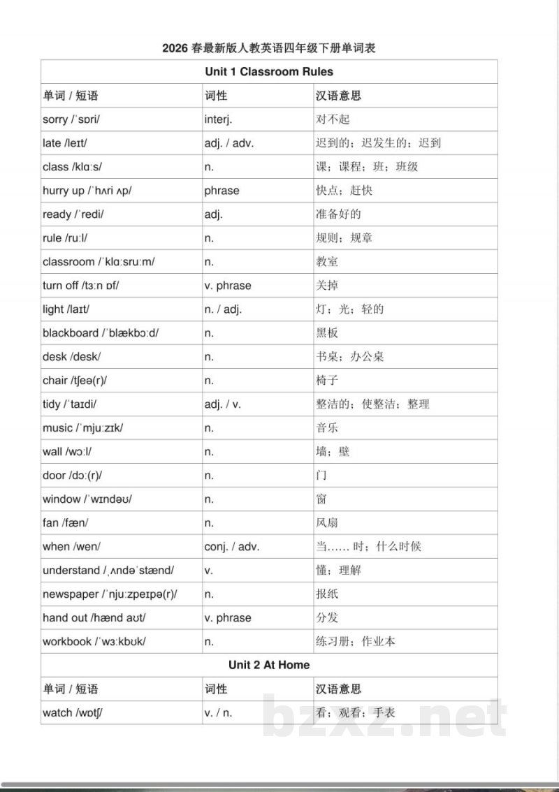 人教英语四年级下册单词表(2026版)