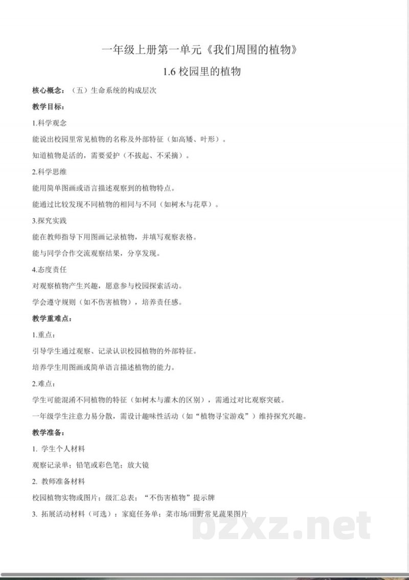 1.6《校园里的植物》教学设计 2025教科版科学一年级上册