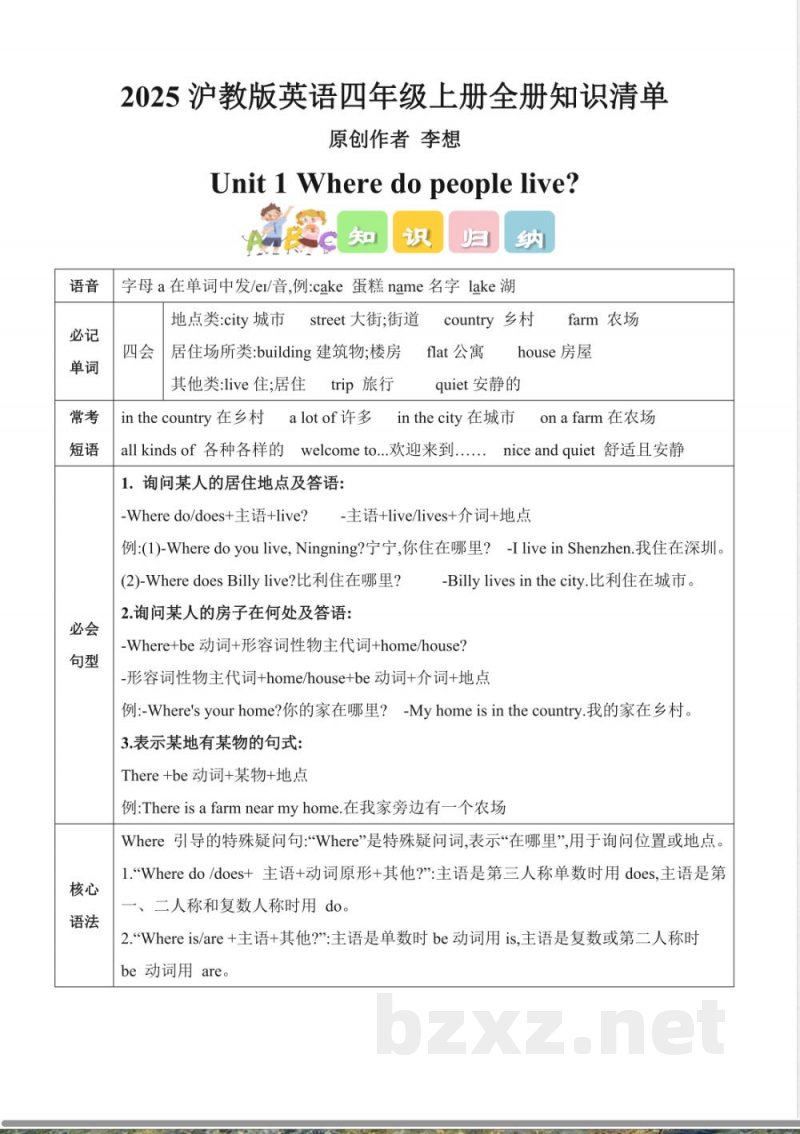 2025沪教版英语四年级上册全册知识清单知识点 2025沪教版英语四年级上册全册知识清单知识点