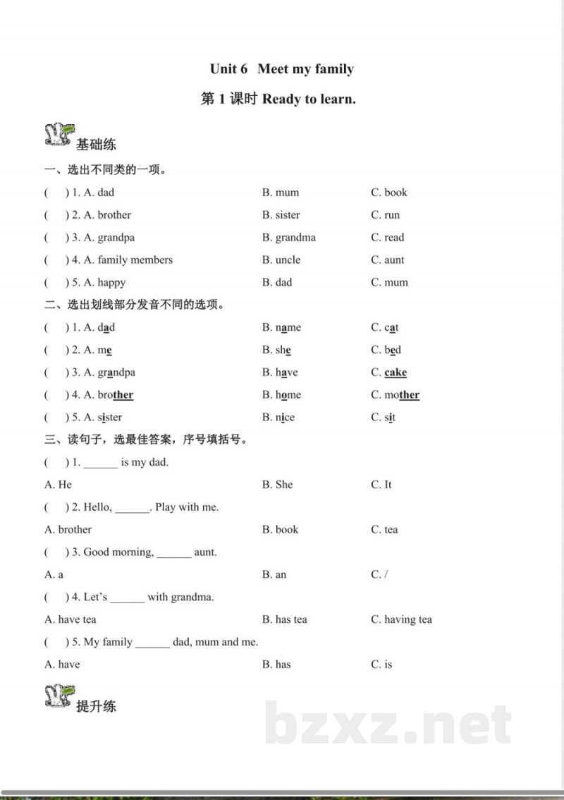 Unit 6 Meet my family单元分层作业 英语Join in外研剑桥英语版三年级上册2025