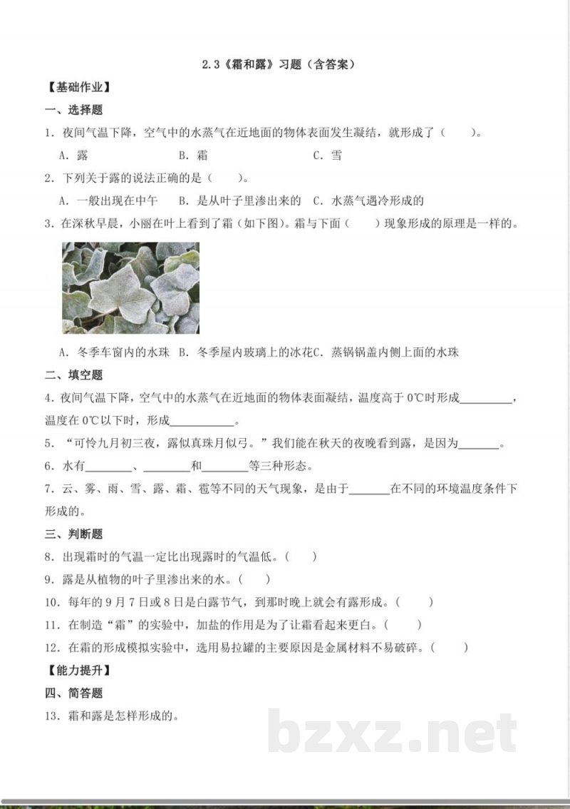 2.3 霜和露(分层作业)科学大象版六年级上册 2.3 霜和露(分层作业)科学大象版六年级上册