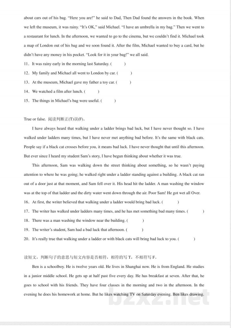 小升初阅读判断专项特训-英语六年级下册人教新起点版（含答案）