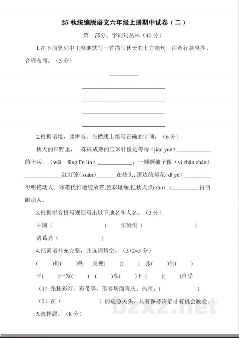 25秋统编版语文六年级上册期中试卷（二）