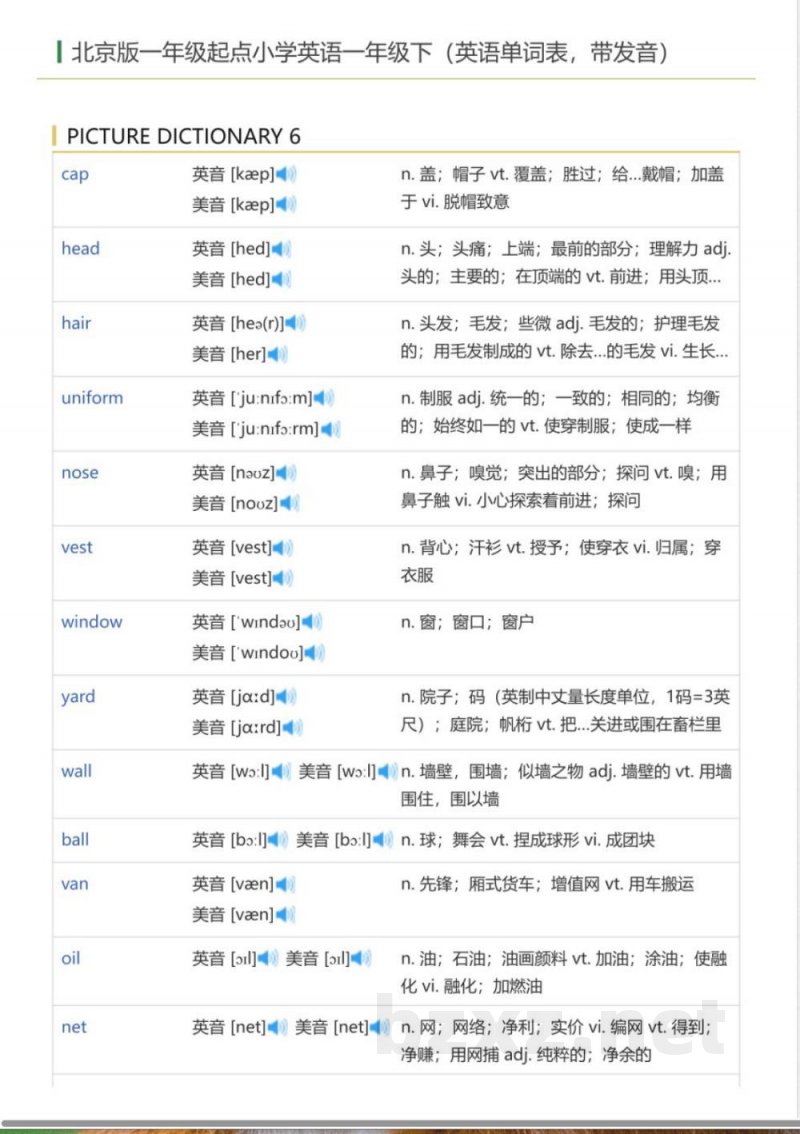 北京版一年级起点小学英语一年级下（英语单词表）