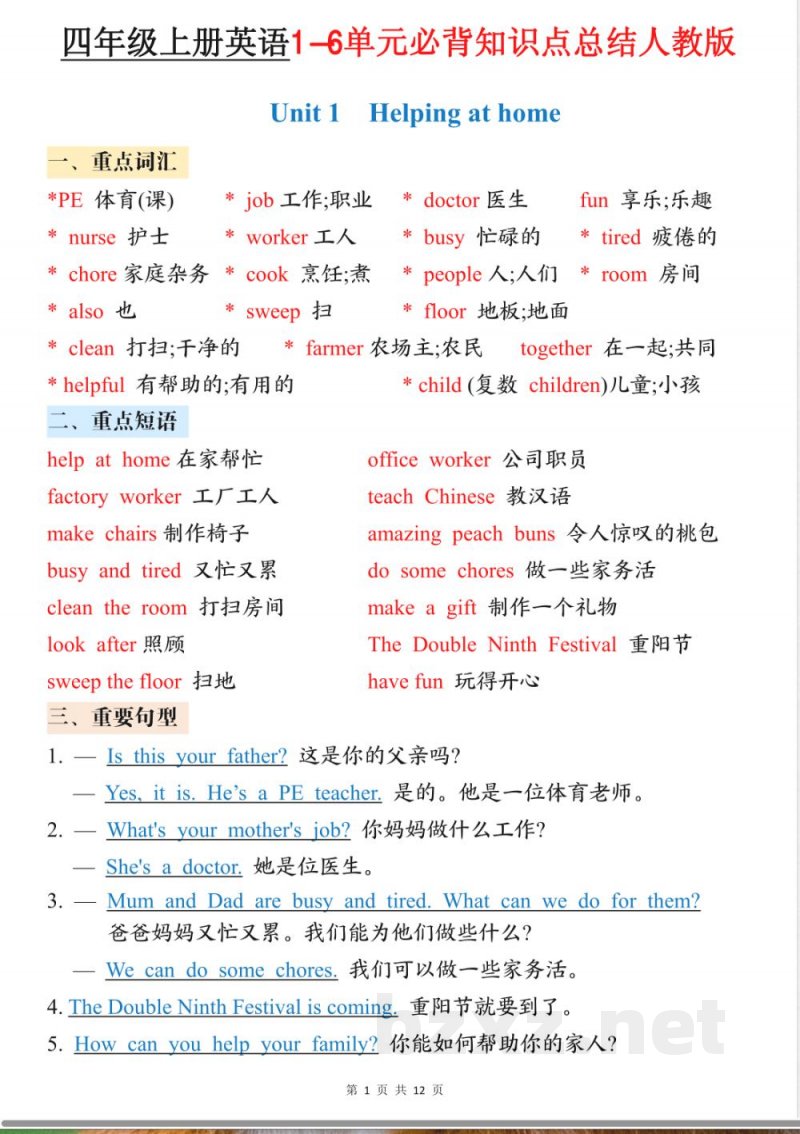 41018四年级(上)英语必背知识点总结《PEP版》 41018四年级(上)英语必背知识点总结《PEP版》