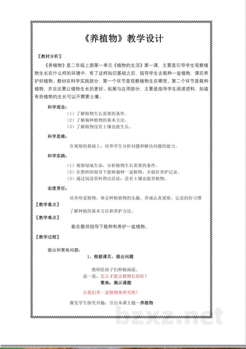 1.1《养植物》教学设计 2025人教鄂教版科学二年级上册