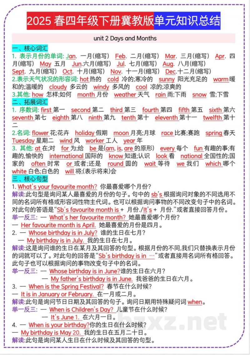 小学四年级下册英语冀教单元知识总结
