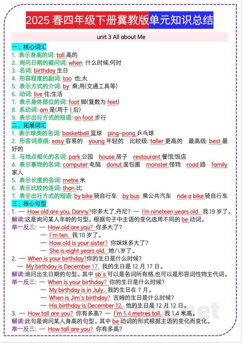 小学四年级下册英语冀教单元知识总结