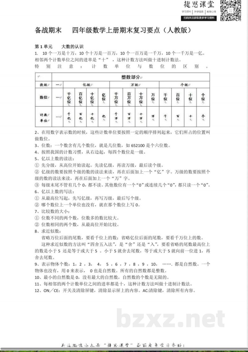 四年级上册数学人教版知识要点