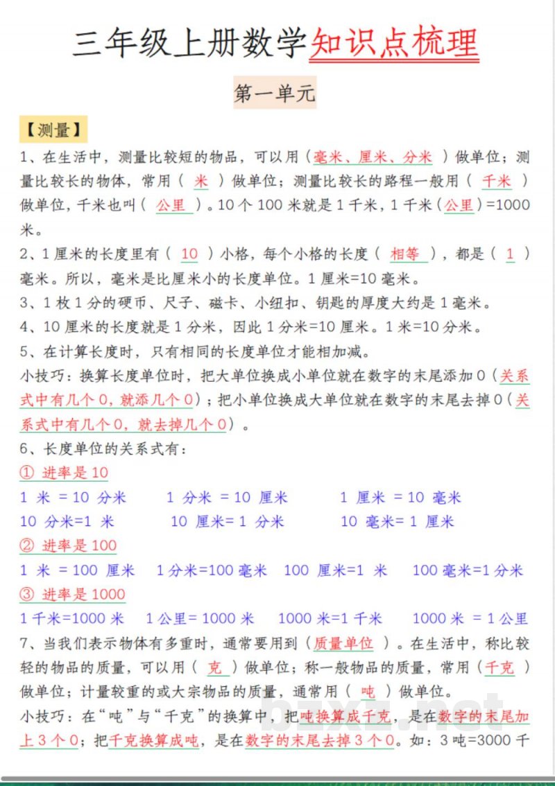 三年级上册数学知识点梳理 三年级上册数学知识点梳理