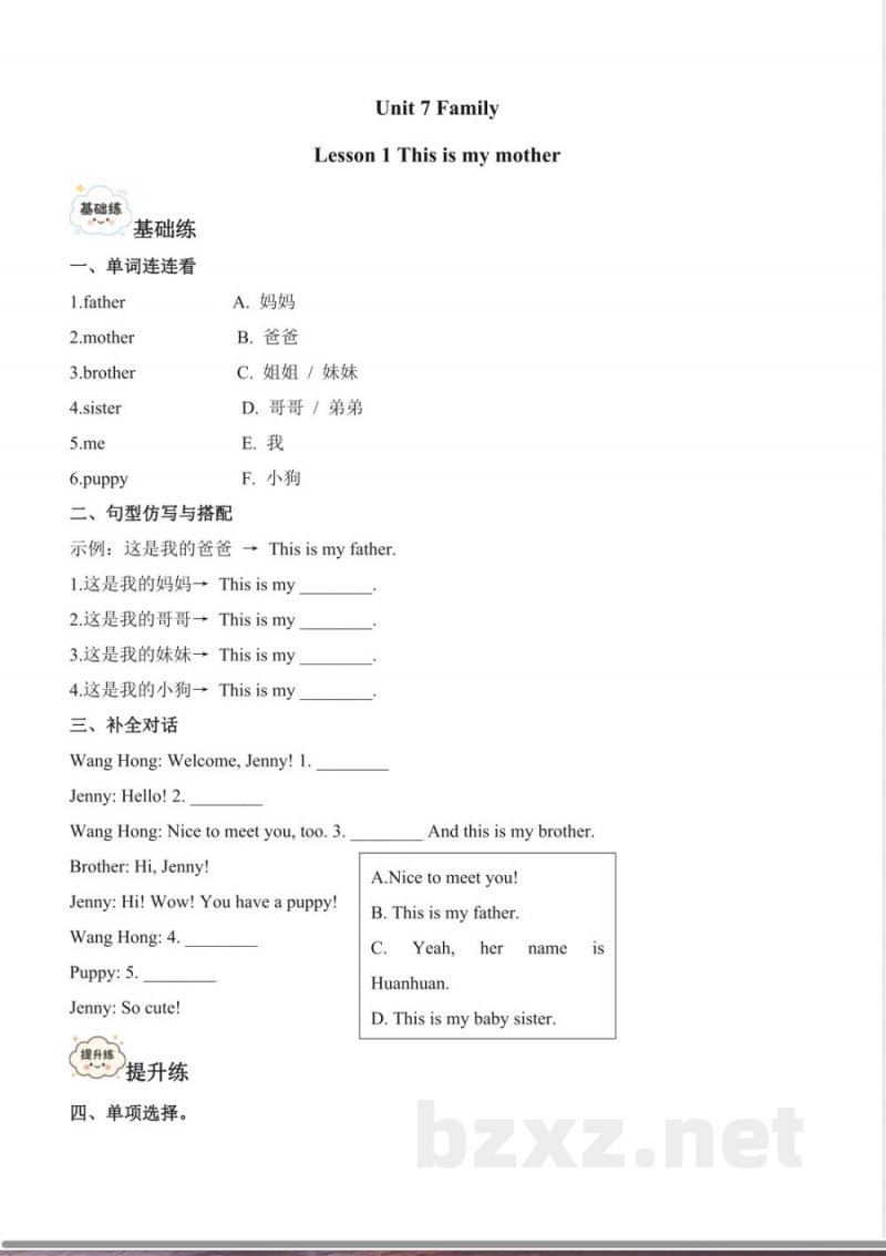 Unit 7 Family单元分层作业 2025鲁科版英语三年级上册全册 Unit 7 Family单元分层作业 2025鲁科版英语三年级上册全册